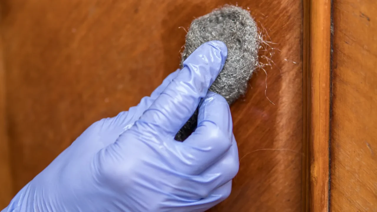 A person wearing purple gloves buffing the wooden cabinet using steel wool.
