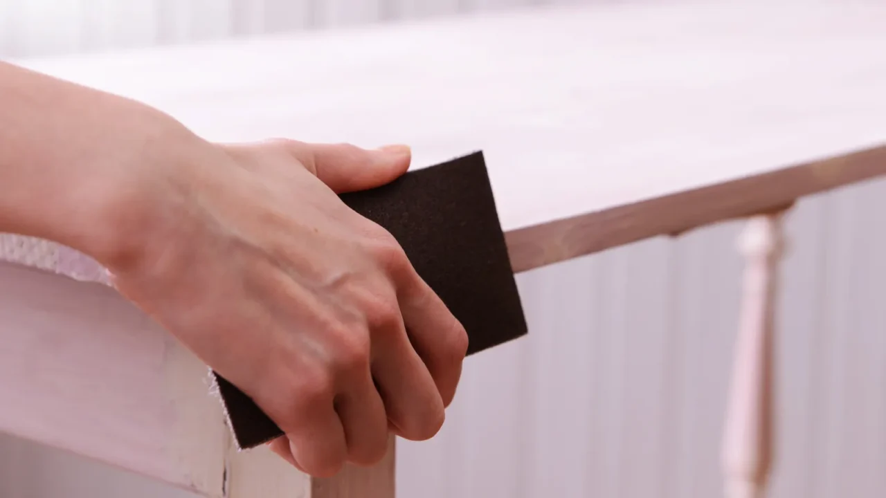 Closeup of a man's hand holding sand paper and sanding the edges of a wooden table.