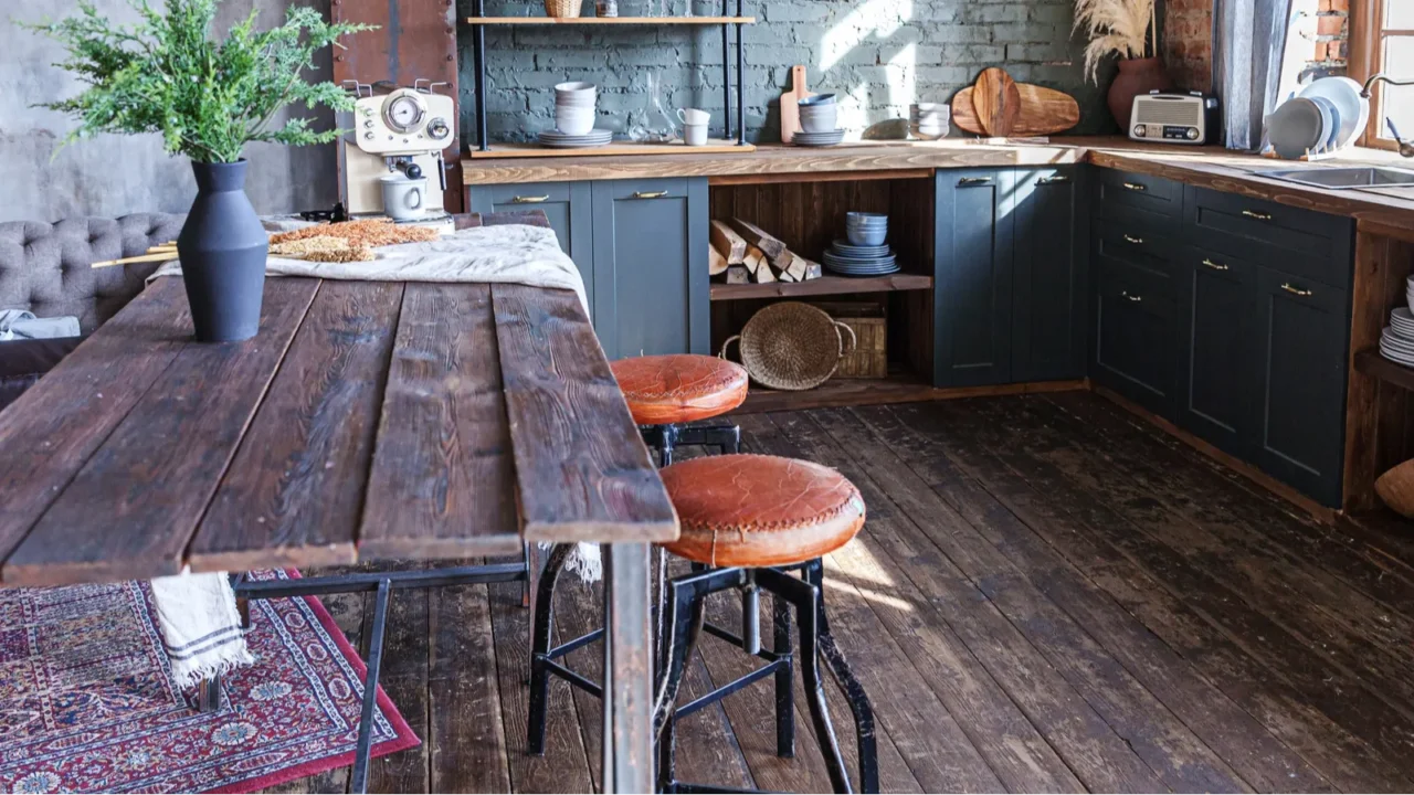 scandinavian classic minimalistic dark gray kitchen with wooden details stylish