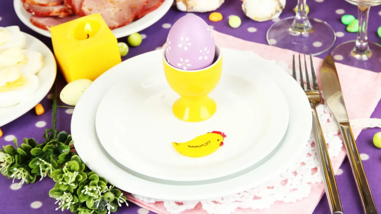 serving easter table with tasty dishes closeup