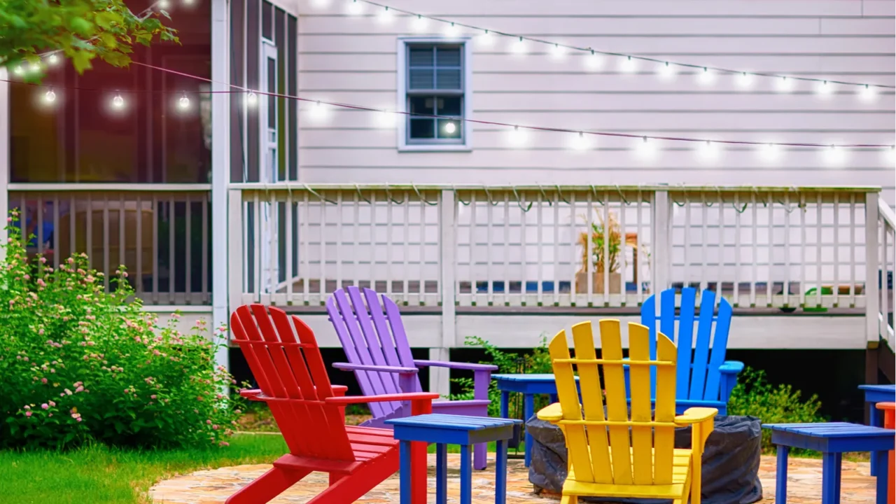 set of colorful wooden adirondack chairs around fire pit in