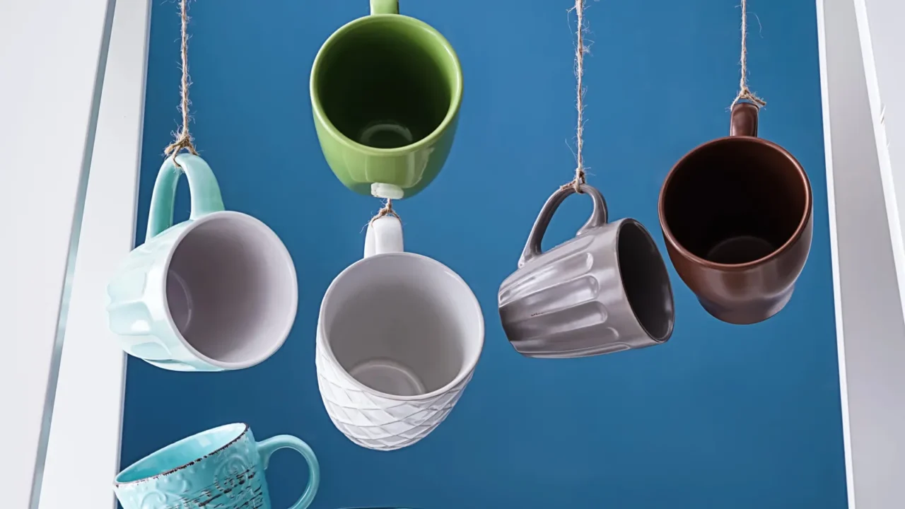 shelf with different tea cups and saucers on color background