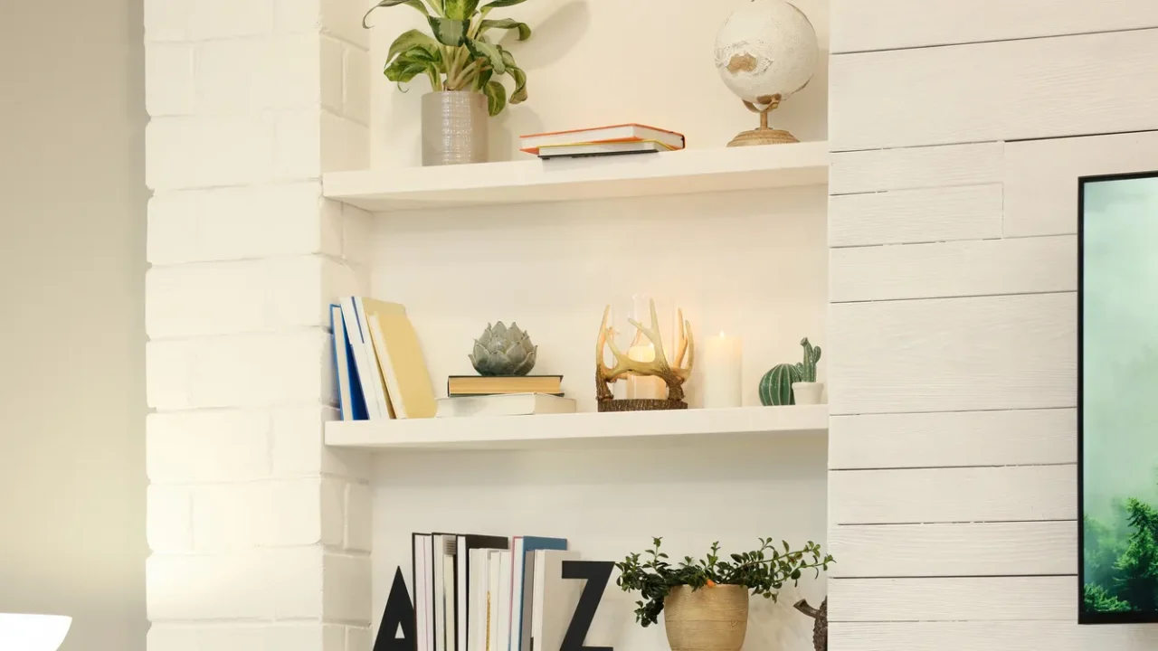 A white built-in shelf decorated with books, candles, potted plants, and decor accents including globe and ceramic paperweight.