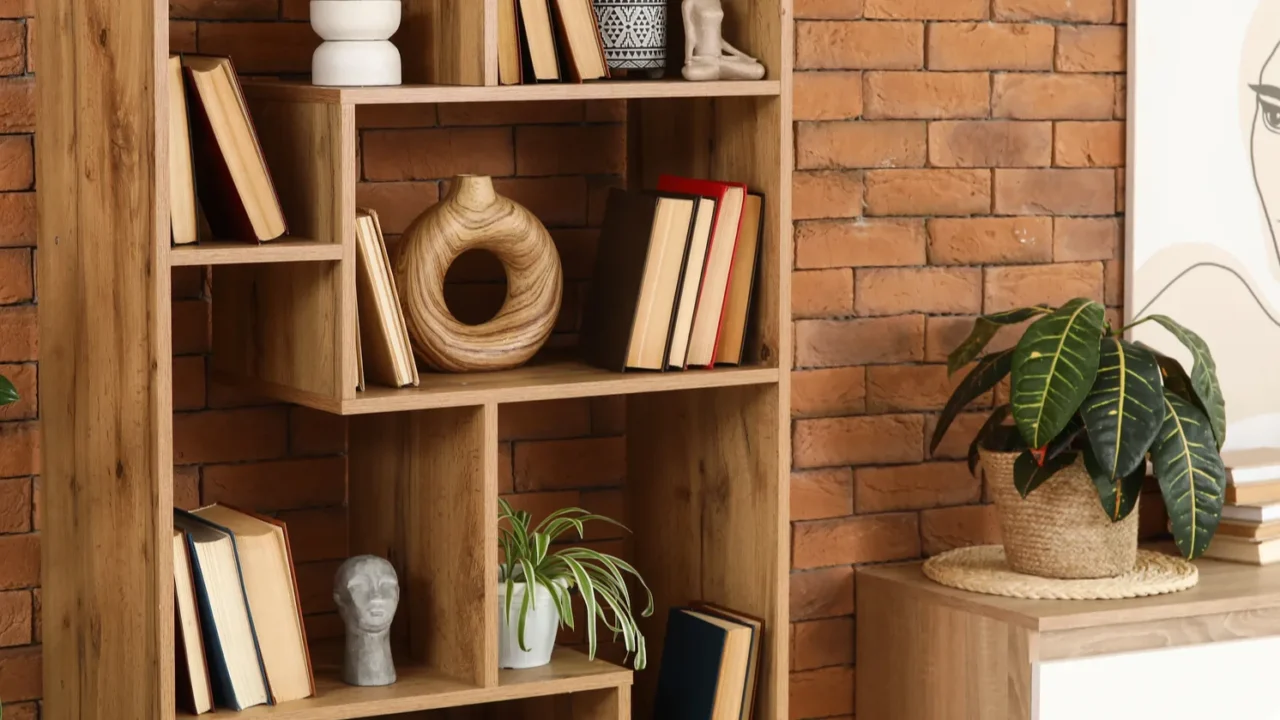 shelving unit houseplants and picture in interior of living room