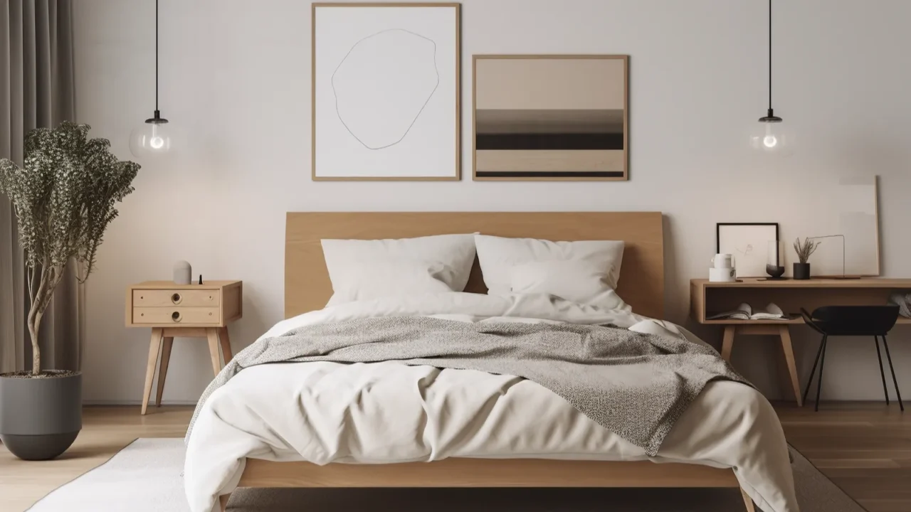 Minimalist design bedroom with light wood furniture, soft bedding, and greenery.