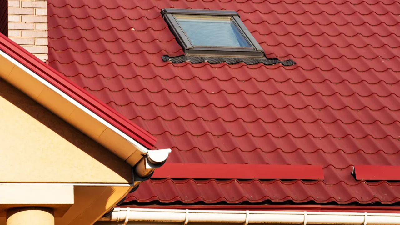 A close-up of a red tiled roof with a skylight, emphasizing textured roofing materials.
