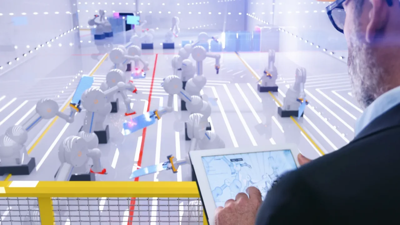 smart automation industry robot in action welding metall while engineer