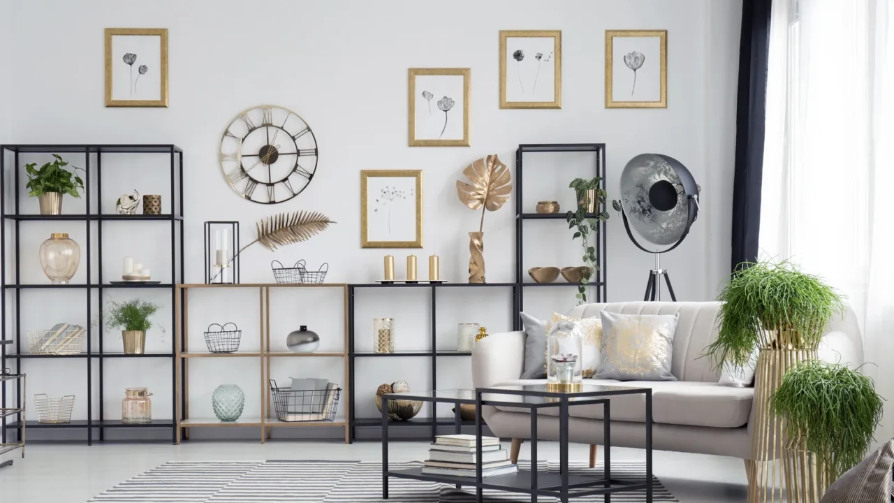 Bright, contemporary living space with a white sofa, stylish shelving, and decor accents.