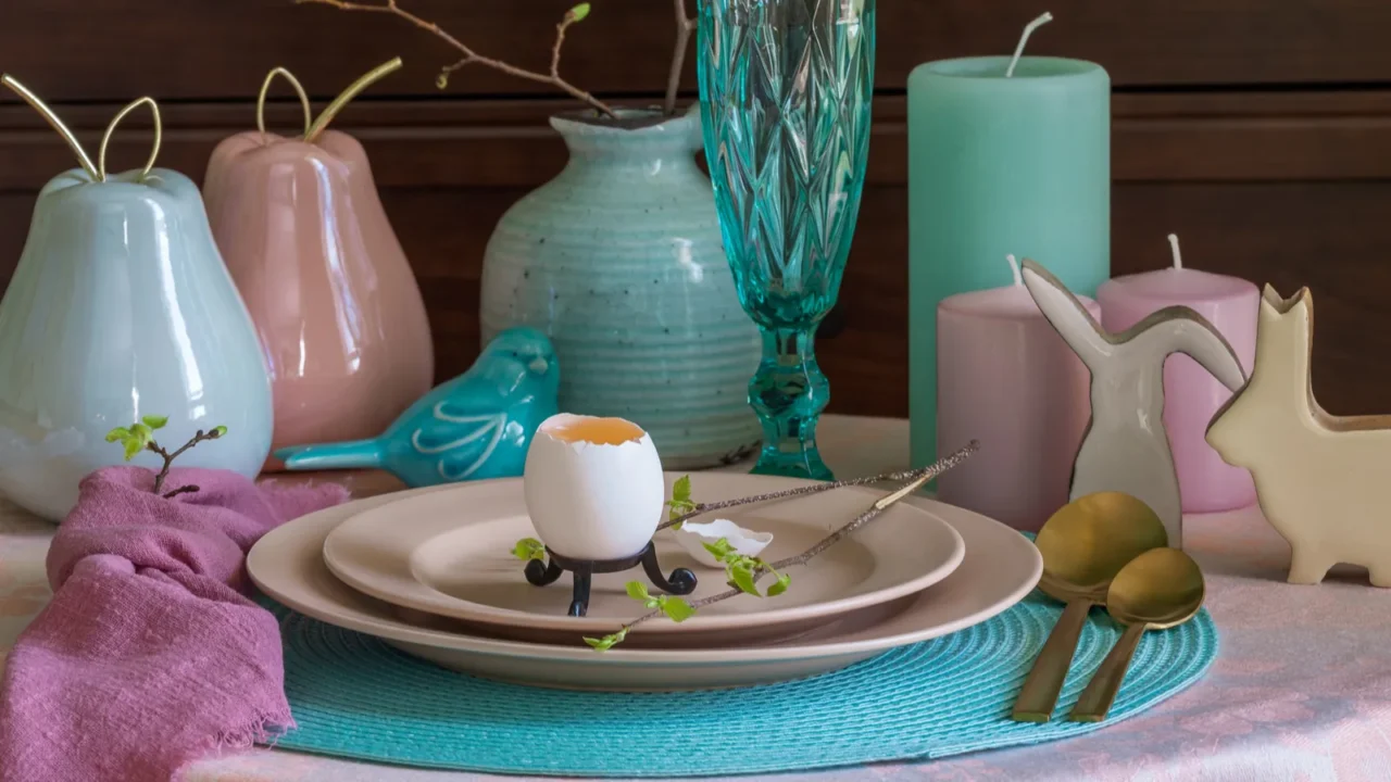 spring table set for easter a chicken egg and