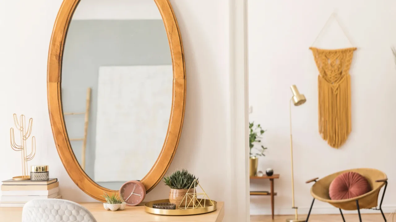 stylish and cozy scanidnavian interiors of apartment with big mirror