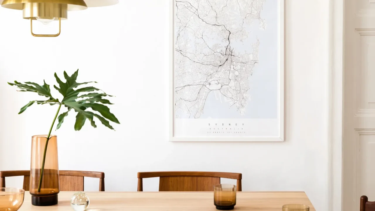 stylish and modern dining room interior with mock up poster