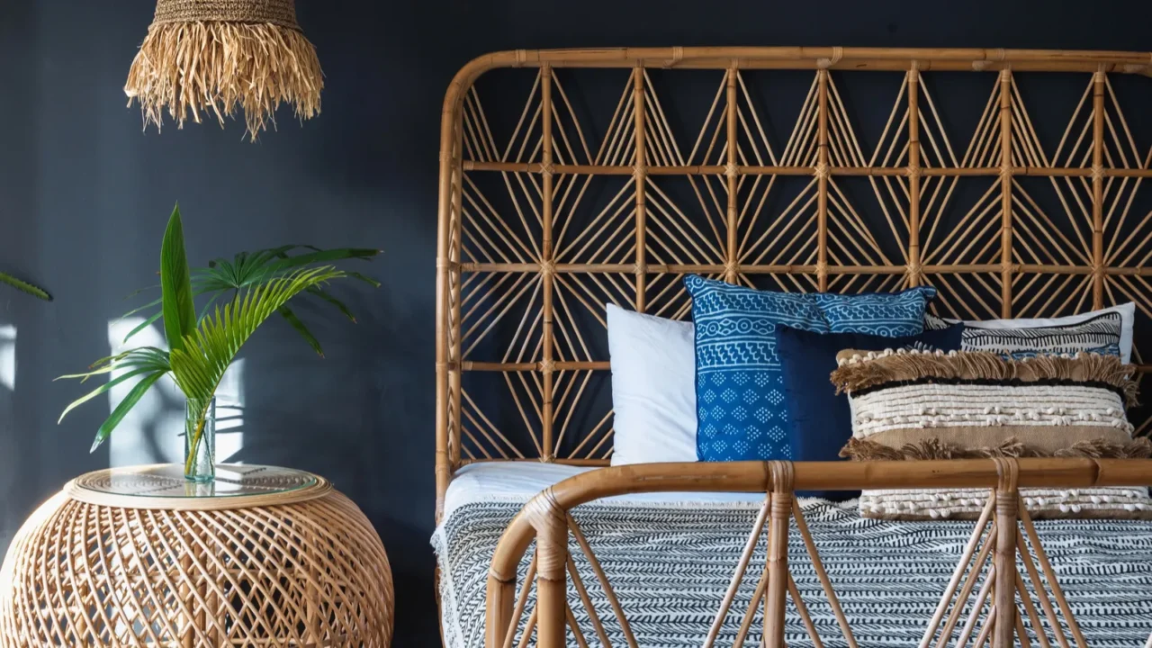 stylish bedroom interior at modern house with ethnic decor lamp