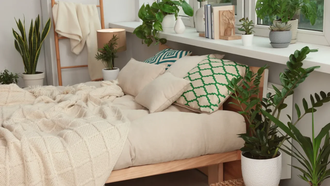 stylish bedroom interior with beautiful house plants home design idea