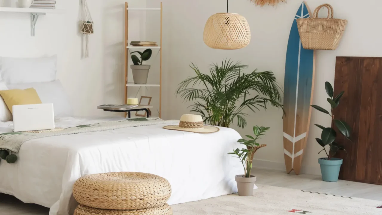 stylish interior of modern bedroom with houseplants
