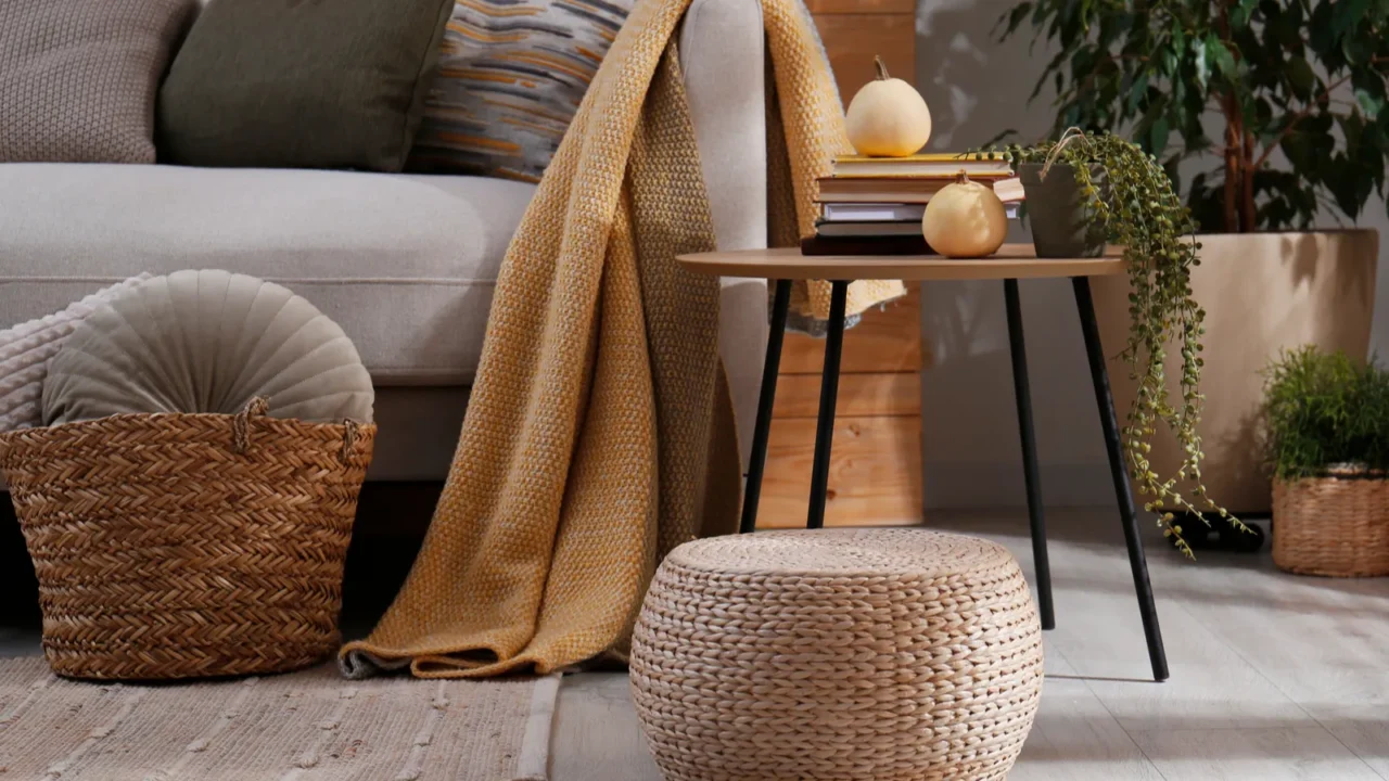 stylish living room interior with comfortable sofa and wicker pouf