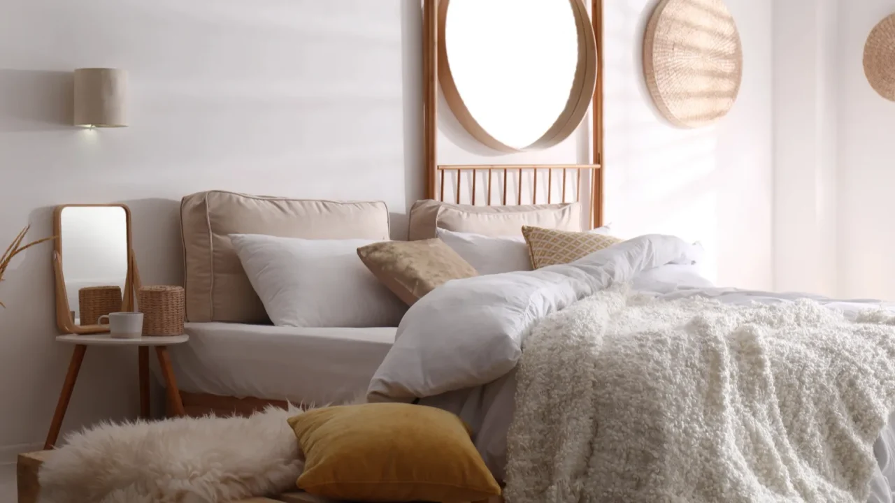 stylish modern room interior with comfortable bed