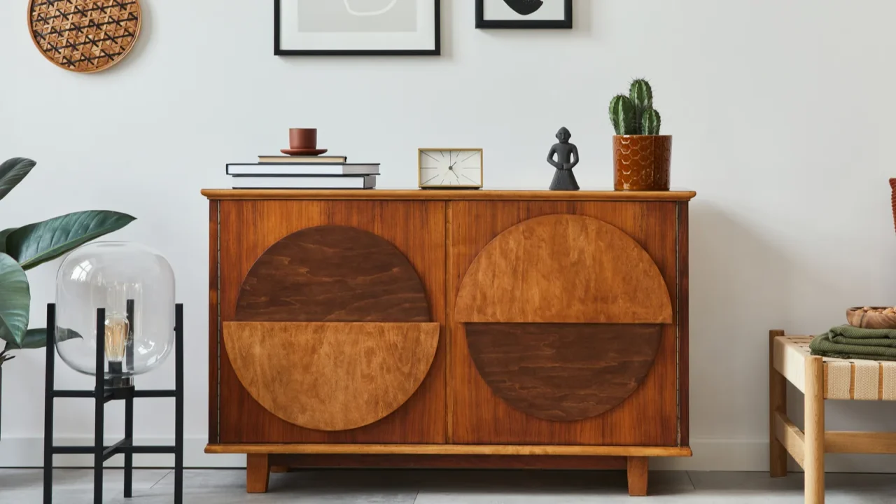 A beautiful wooden console table with books, clock, and decor accents in a living room.