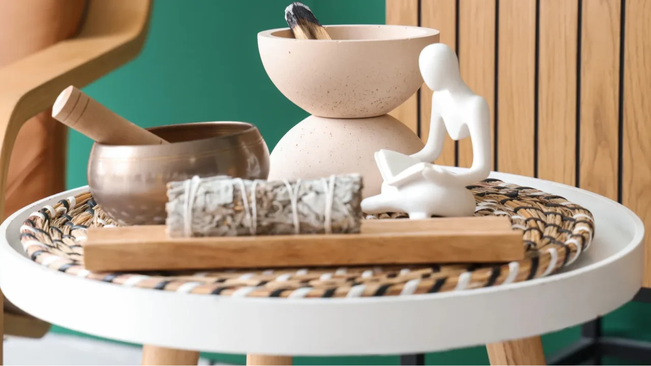 tibetan singing bowl with palo santo and statuette on table