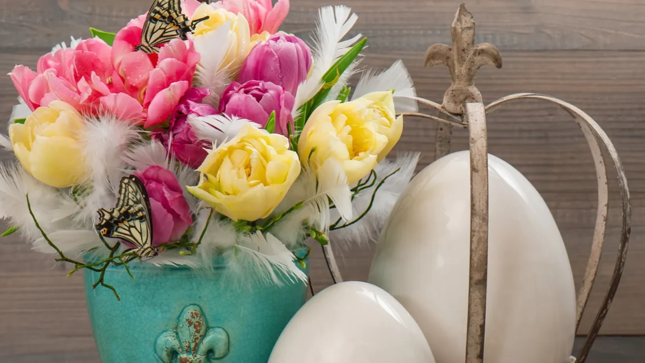 tulip flowers with vintage easter eggs