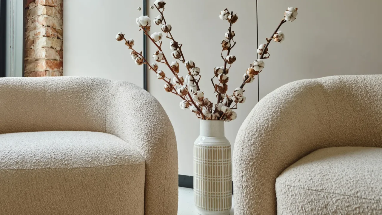 two comfortable and white armchairs next to cotton branches in