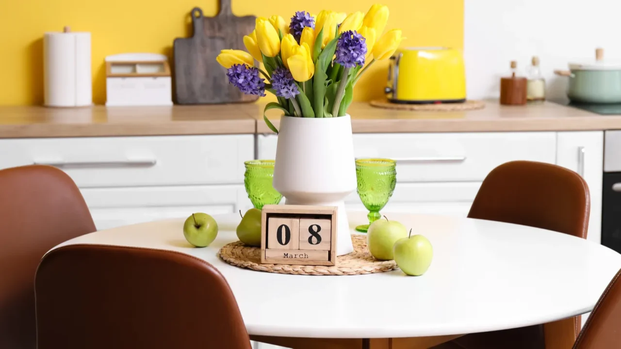 vase with beautiful flowers fresh apples glasses and cube calendar