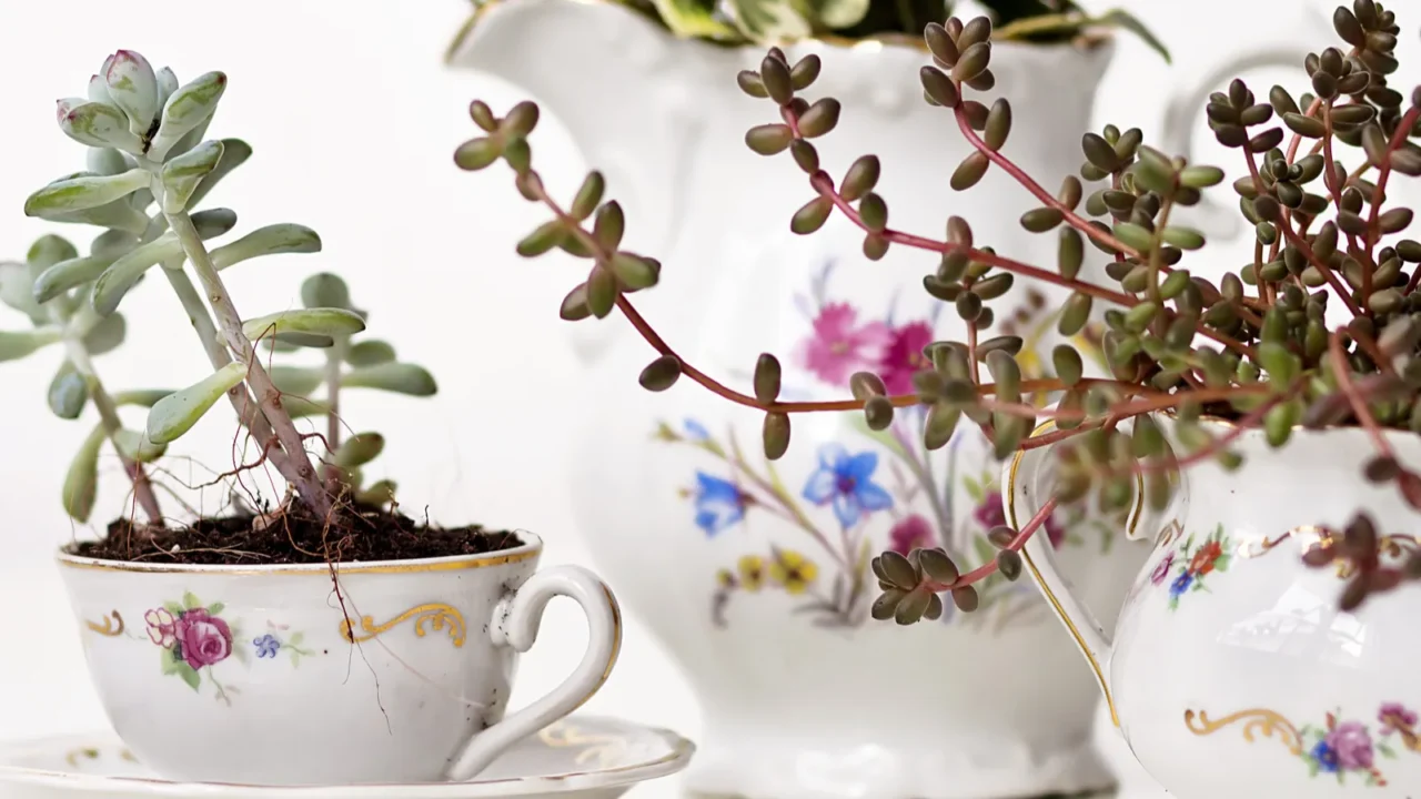 vintage tea pottery reused as a plant pot