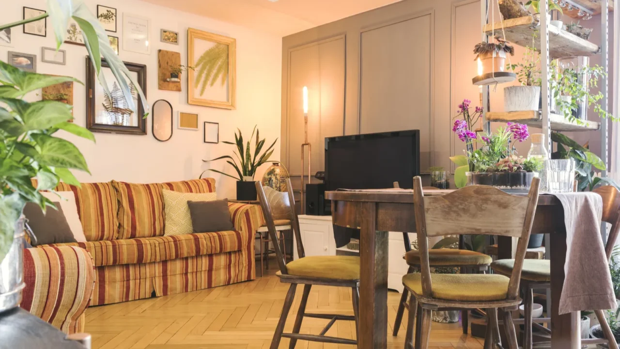 vintage warm interior with striped old sofas green plants and
