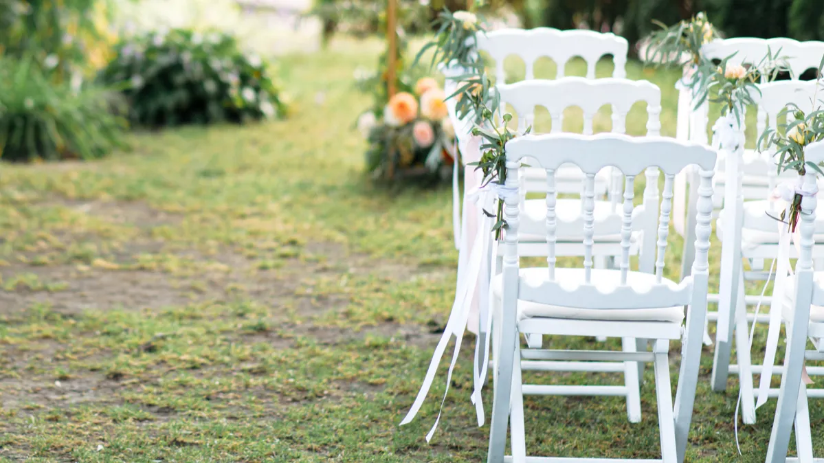 white wooden chairs in a row on the grass
