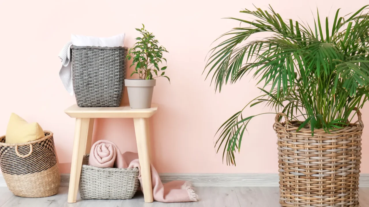 wicker baskets with houseplants pillows and plaids in room