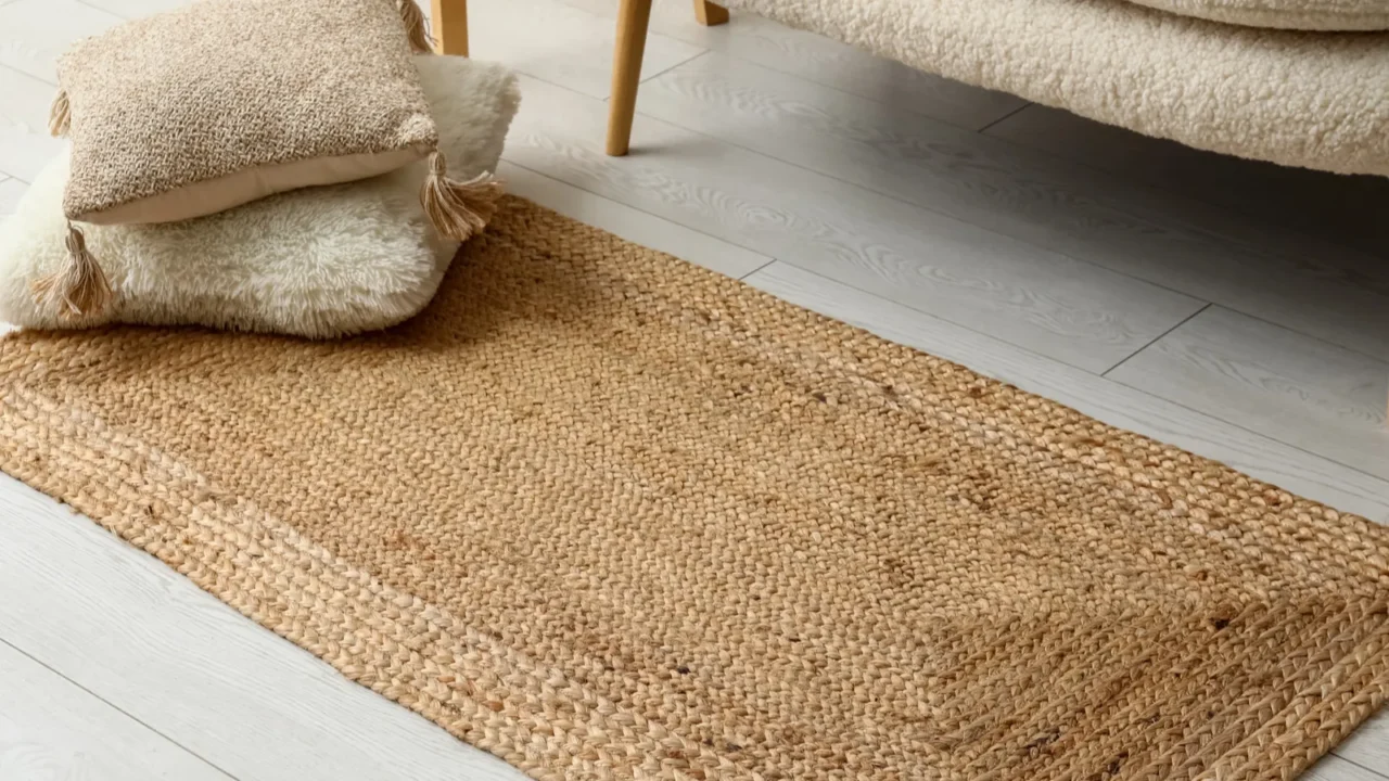 wicker carpet with cushions in interior of living room closeup