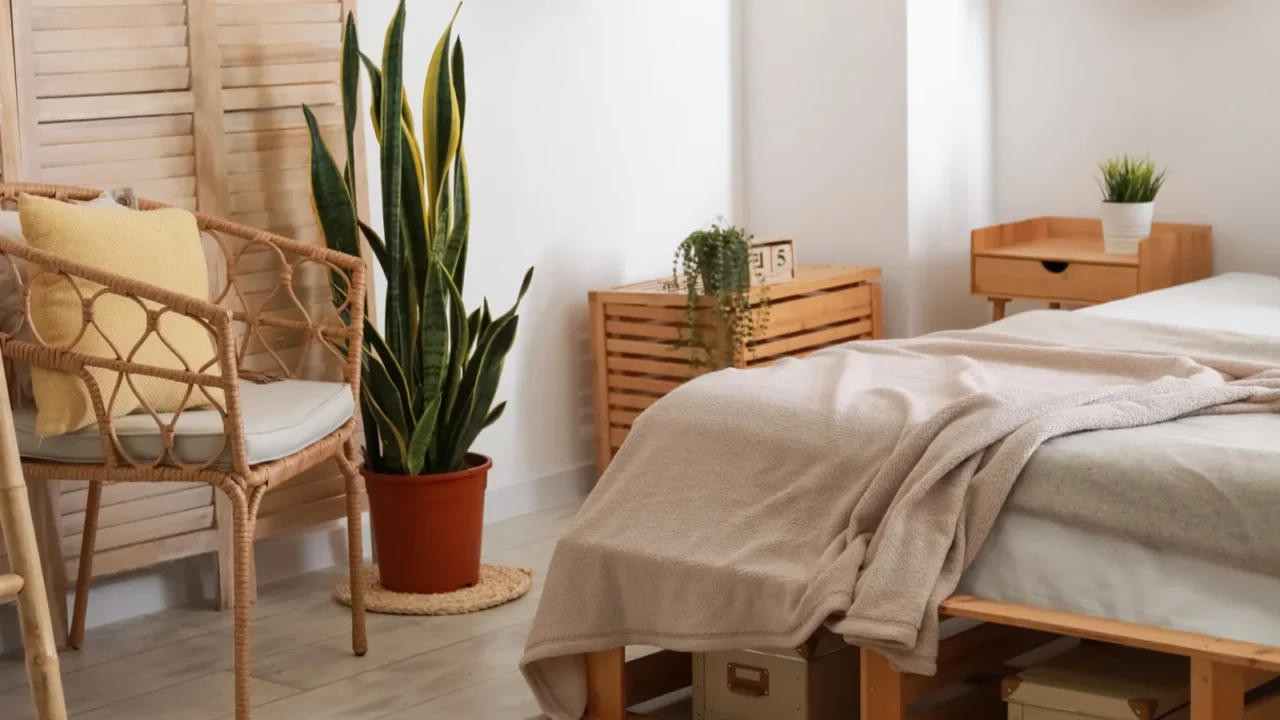 wicker chair and houseplant near light wall in bedroom interior