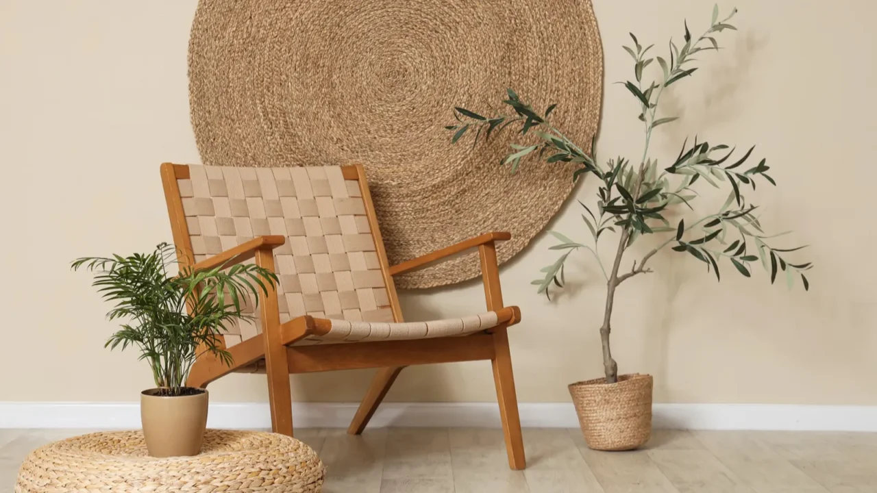 wicker chair houseplant and wicker decor on beige wall in