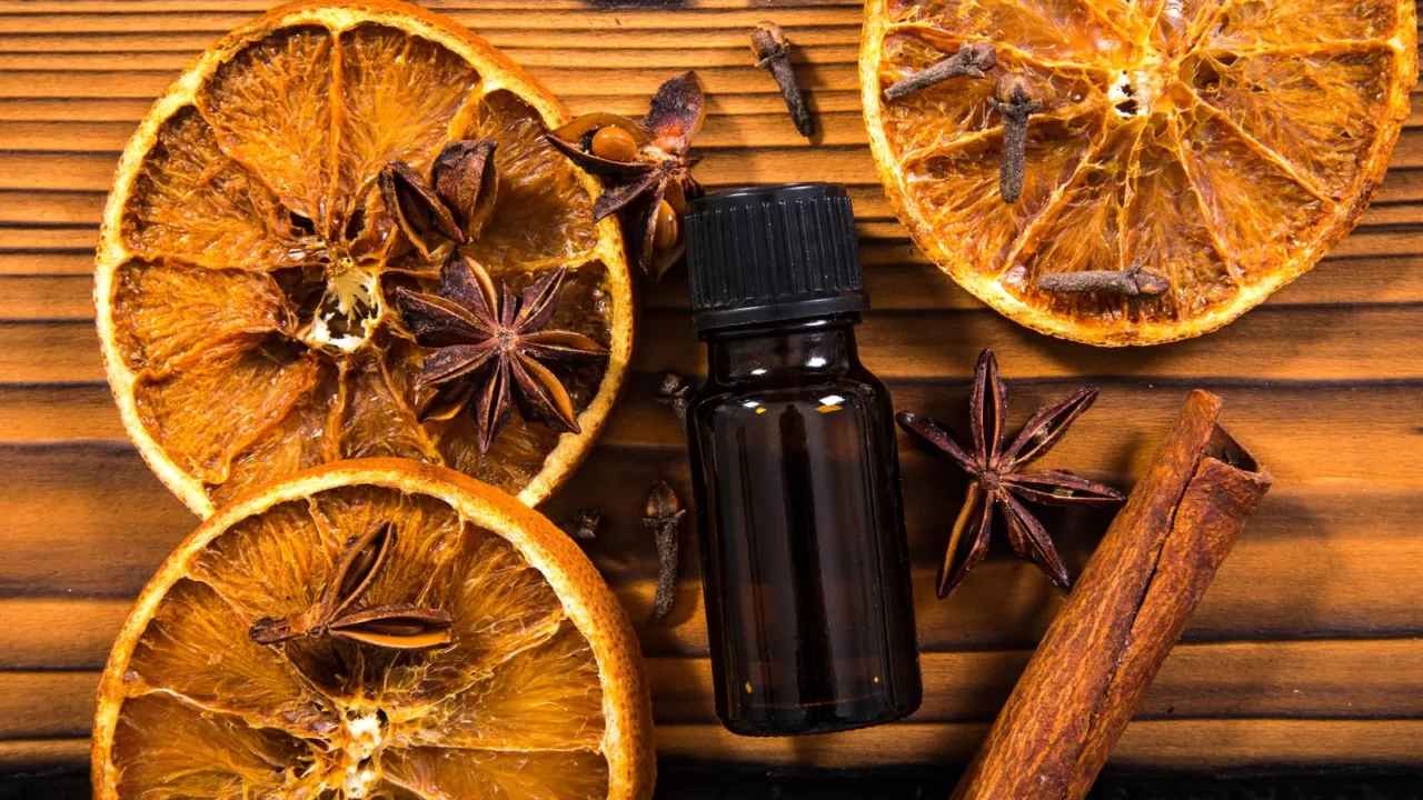 winter essential aroma oil concept flat lay view of