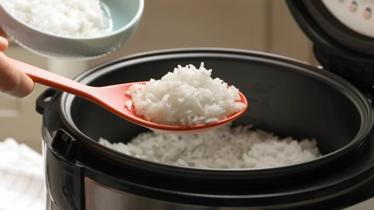 woman putting tasty rice into bowl from cooker in kitchen