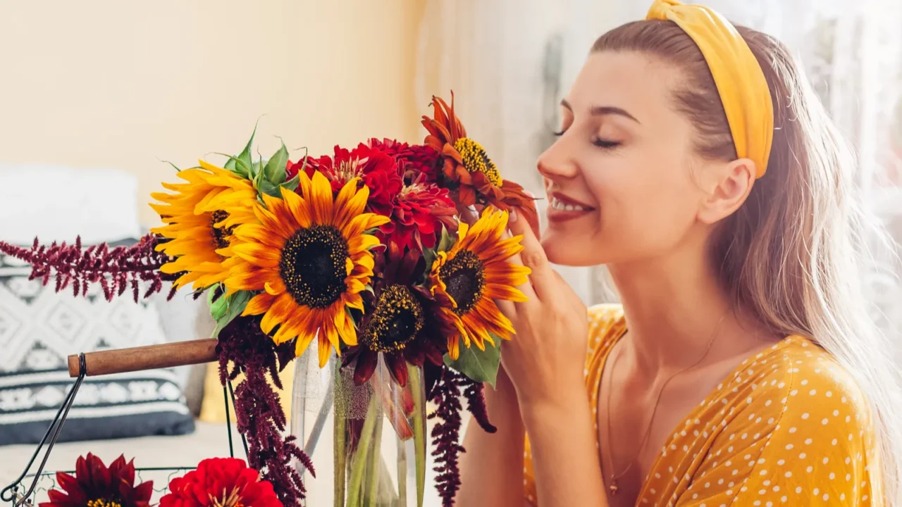woman smells bouquet of sunflowers with zinnia flowers arranging in