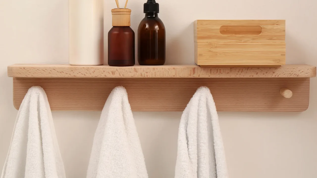 wooden shelf with towels soap dispensers and aromatic reed freshener