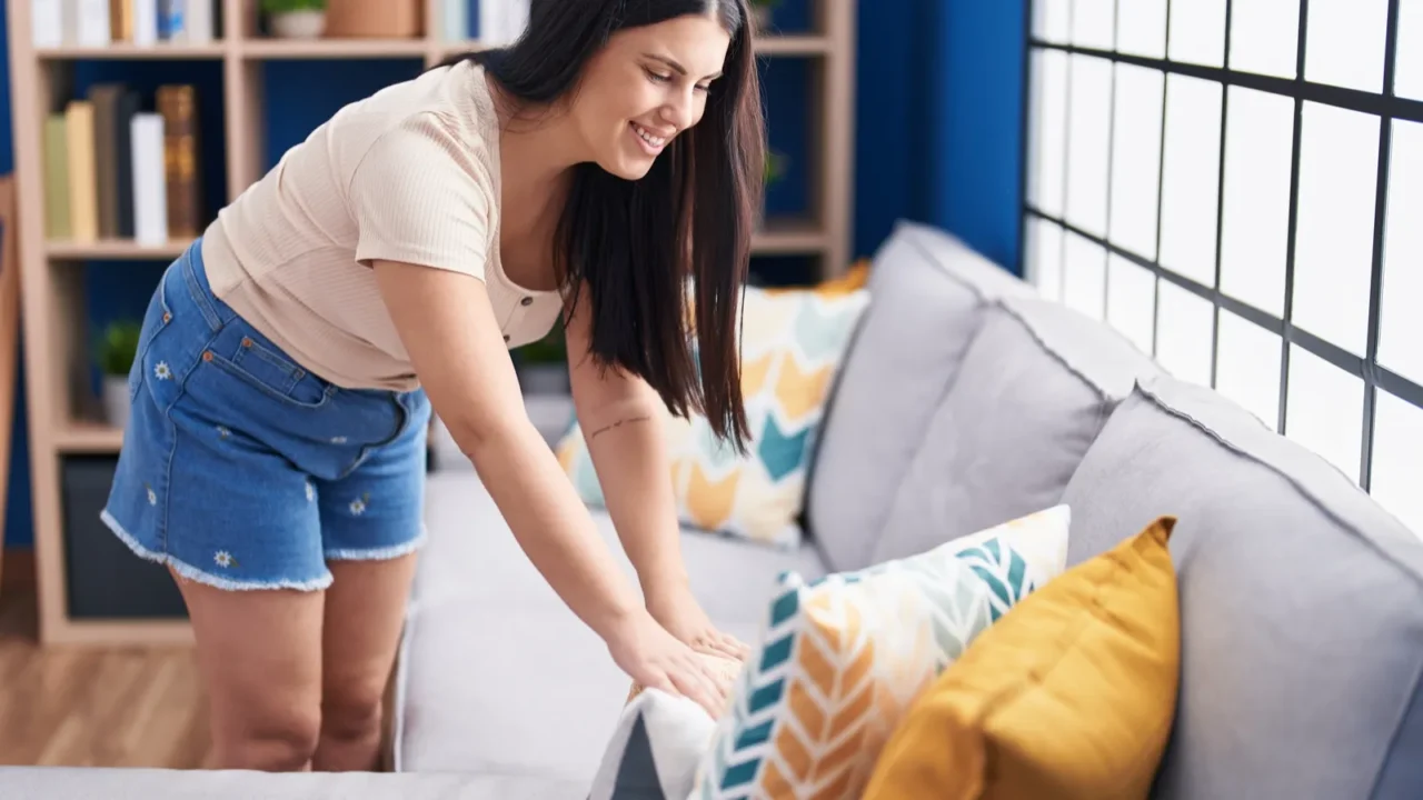 A smiling young woman arranging throw pillows on the sofa.