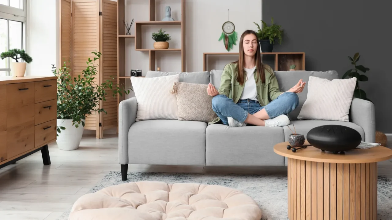 young woman meditating with glucophone on table at home