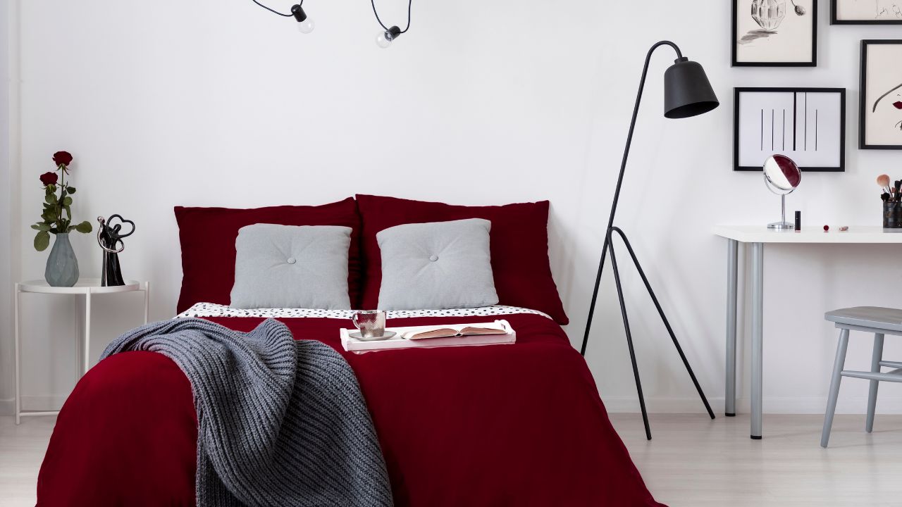 Minimalist bedroom with burgundy bedset, white walls, black framed art, and a modern black floor lamp.