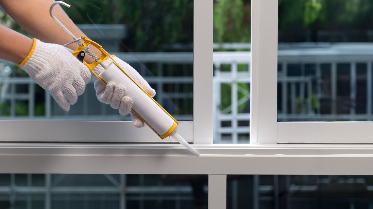 Person applying sealant or glue to a window frame with gloves.