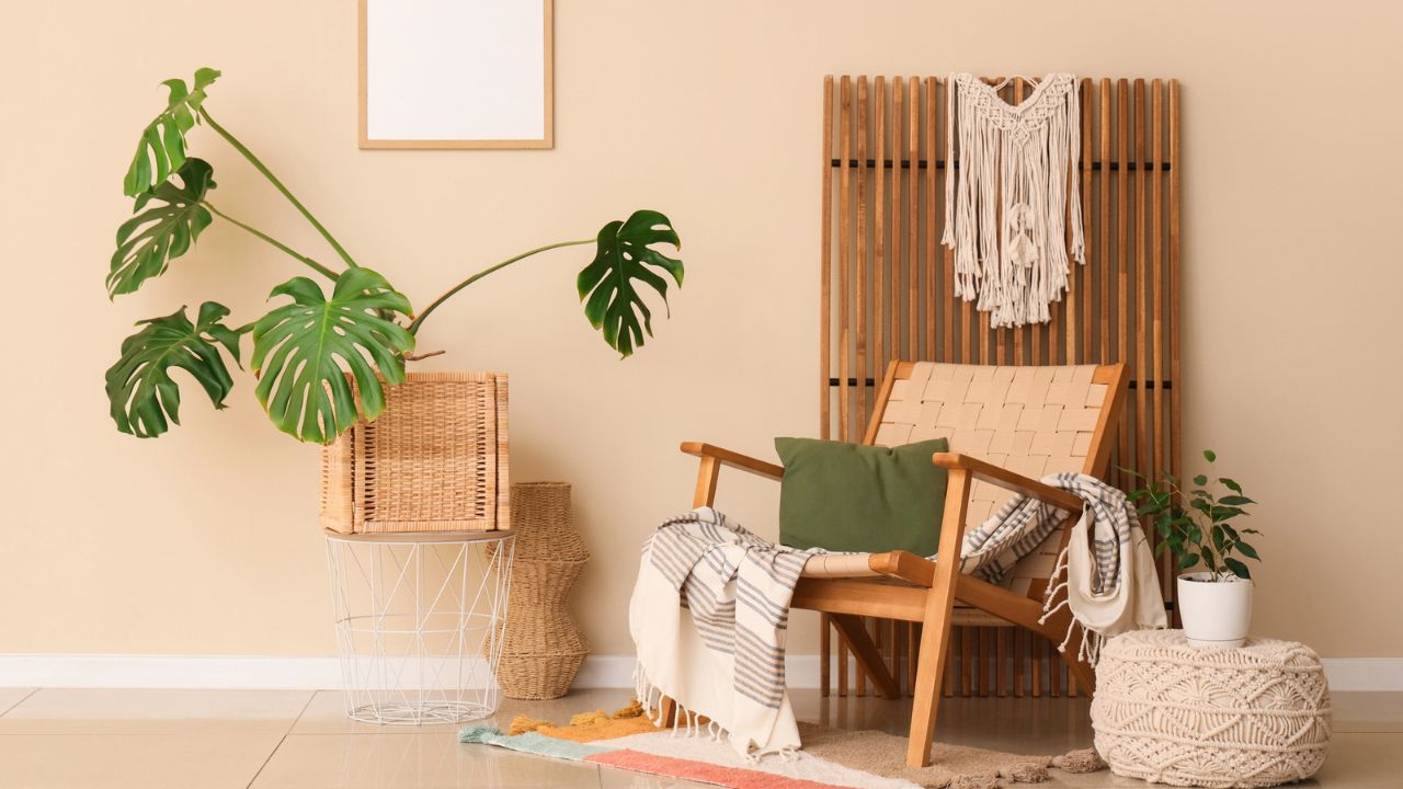 A cozy interior with a wooden chair, a green pillow, and decorative textiles, accompanied by large green plants and soft pastel background.