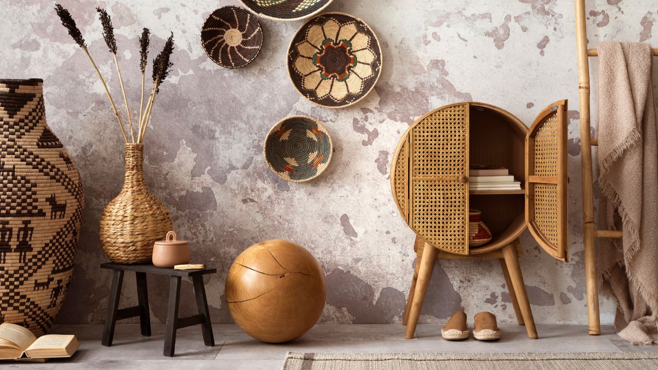 Decorative boho-style room with woven baskets, vases, and wooden furniture.