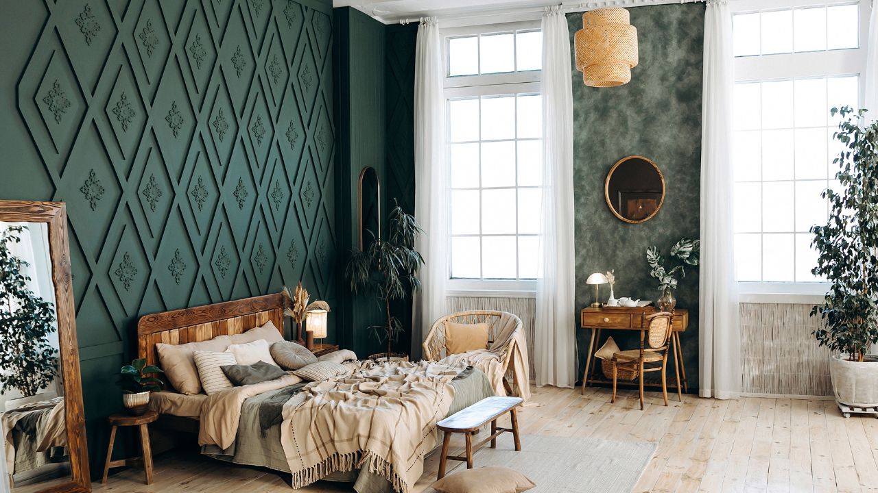 Cozy bedroom interior in boho style with wooden furniture, console table, textiles, green walls, large windows and potted plants.