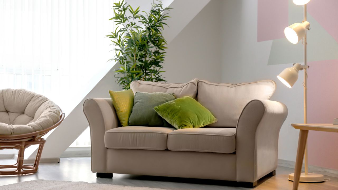Living room - Gray sofa - Sunlight - Floor lamp