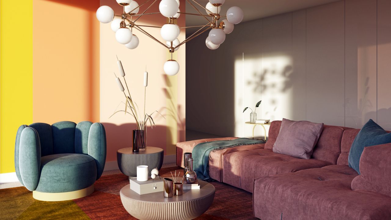 Modern living room with colorful furniture and decorative items.