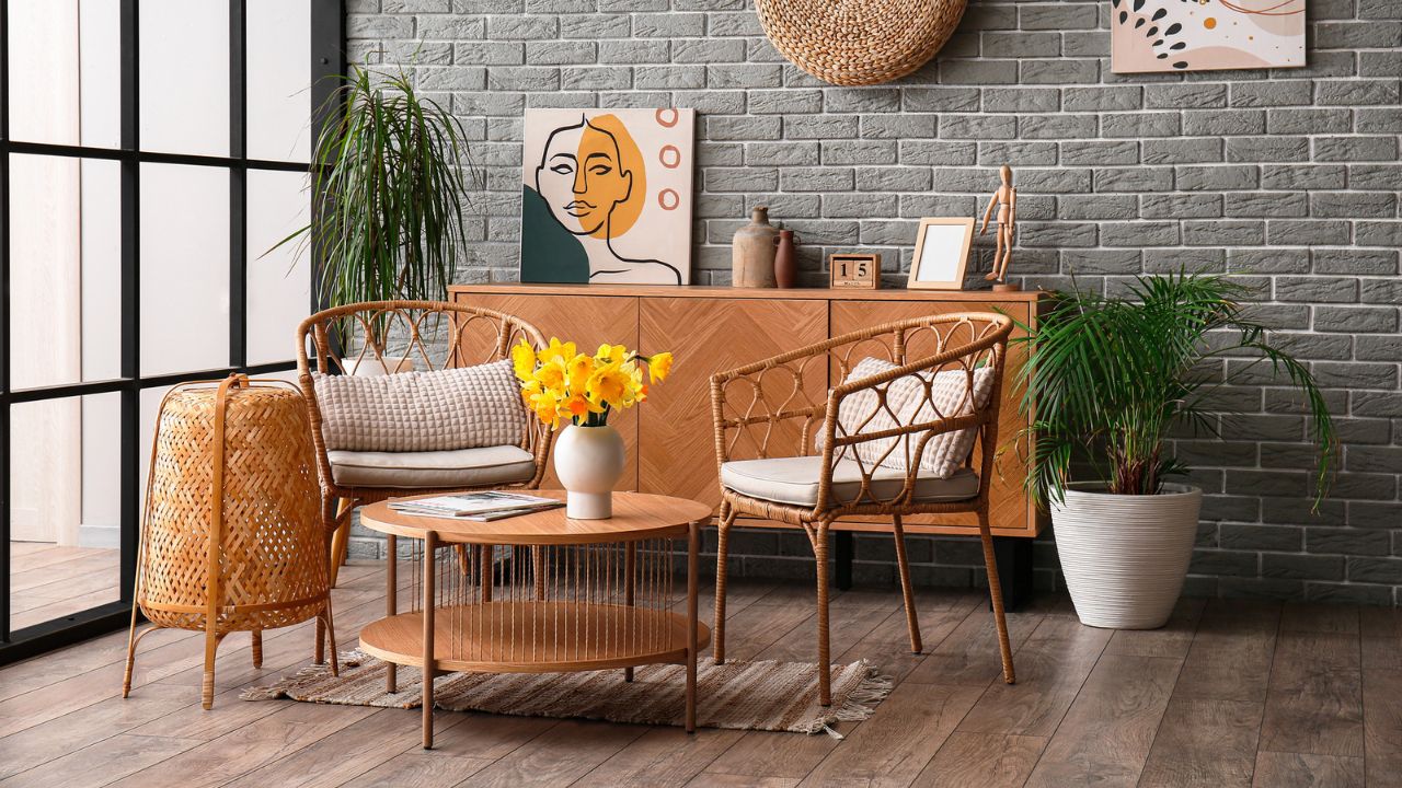 Stylish sitting area with rattan chairs, a wooden table with a yellow flower vase, and greenery.