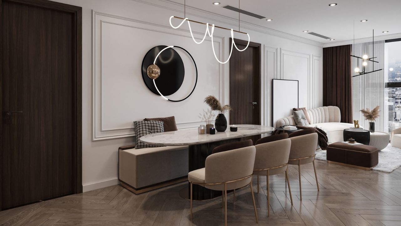 A modern living/dining room with white walls, dark wood accents, and stylish furniture.