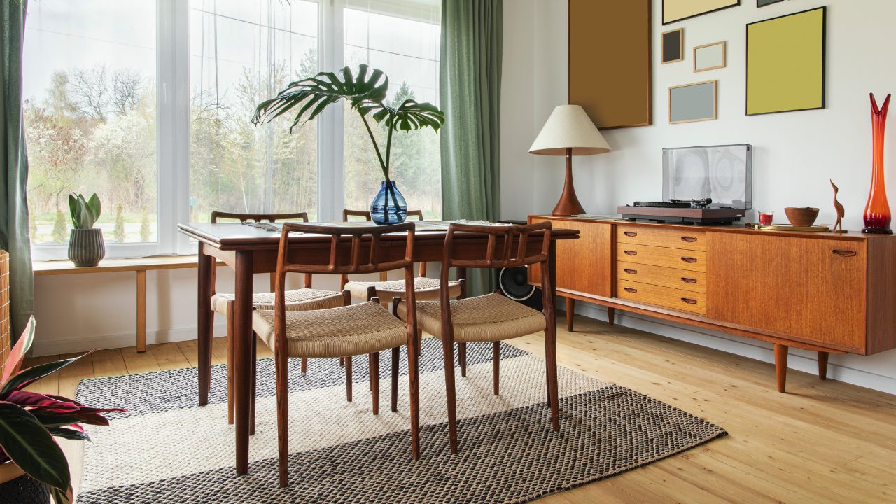 A cozy dining area with a wooden table, chairs, and a large window with greenery outside.