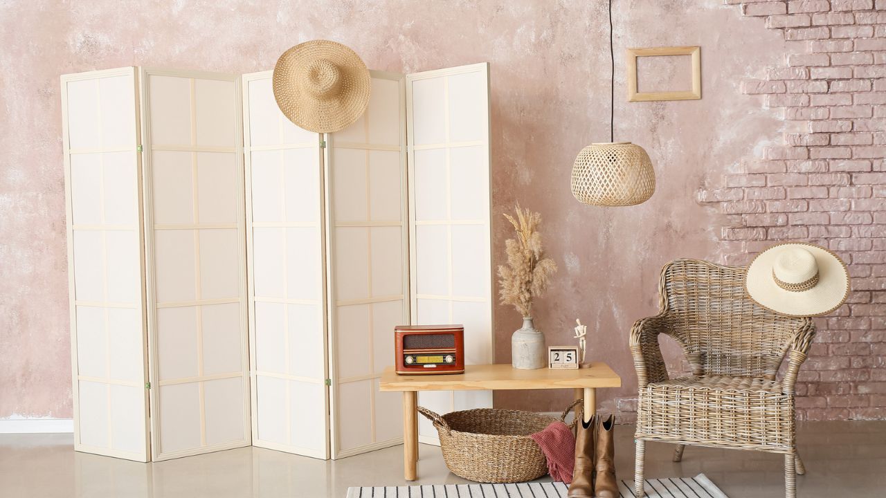 A cozy, stylish interior scene featuring a wicker chair with a hat, a small table with decor, a room divider, and neutral, textured walls.