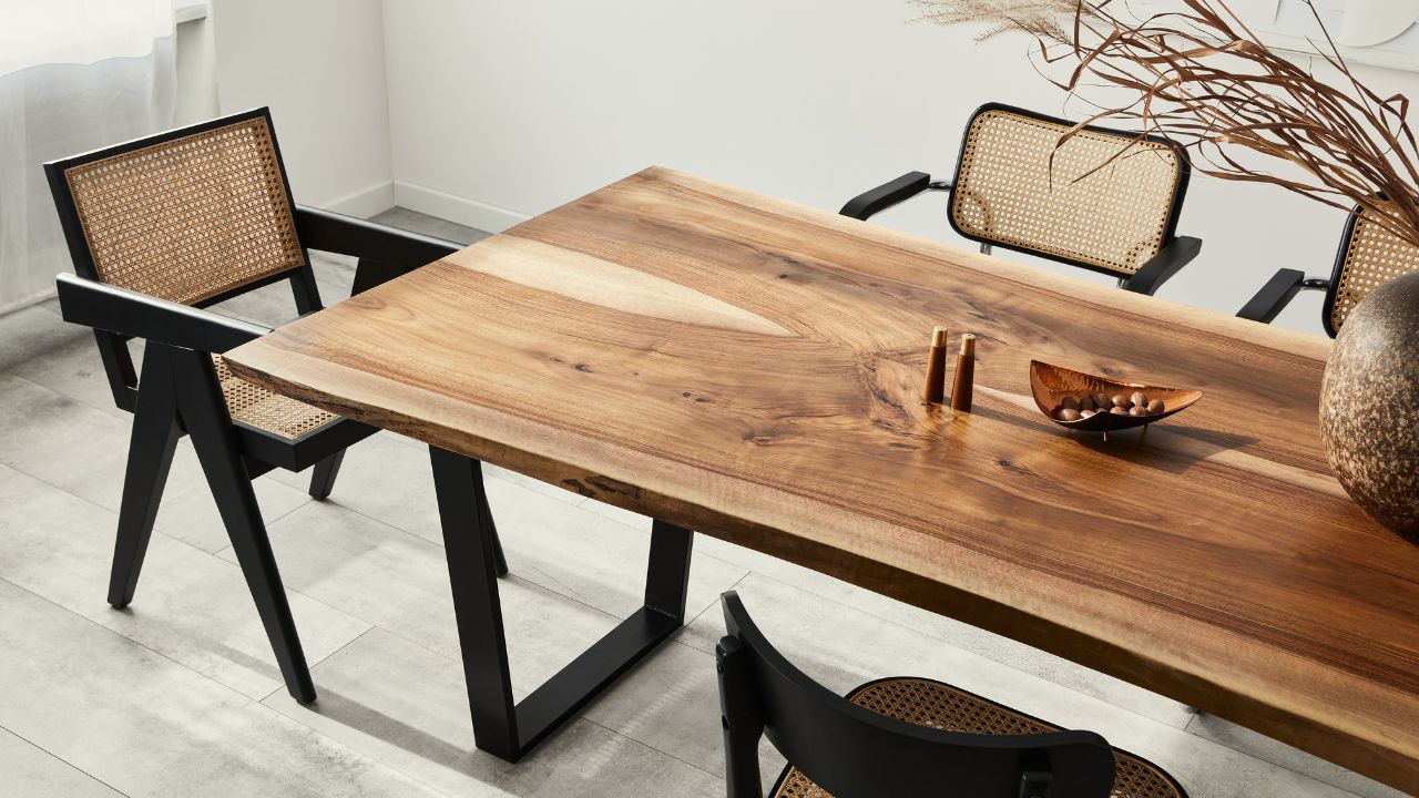 A modern dining room with a large wooden table, black and rattan chairs, and decorative vase.